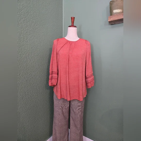 Size Large Lauren Conrad Burnt Umber Lace And Ruffle Trimmed 3/4 Sleeve Blouse - Picture 2 of 9